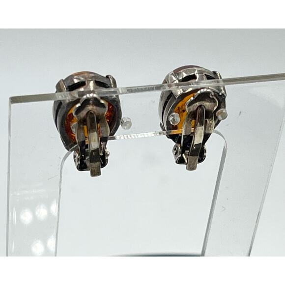 Sterling Silver 925 Prong Teardrop Shape Glowing Amber Stud Clip On Earrings - Picture 4 of 13